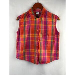 Basic Essentials Womens Sleeveless Button-Up Plaid Shirt Size S 100% Cotton Vibr